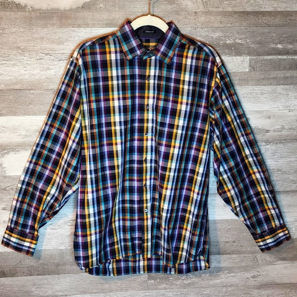 Bugatchi Uomo Mens Large Plaid Button Down Shirt Blue Yellow Purple Flip Cuff